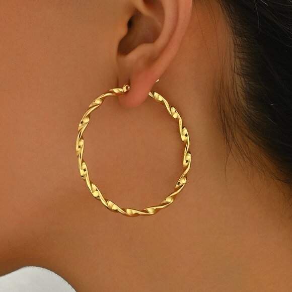 3/$35 Large Statement Gold Twisted Rope Hoop Earrings Stainless Steel Chunky - Picture 6 of 7